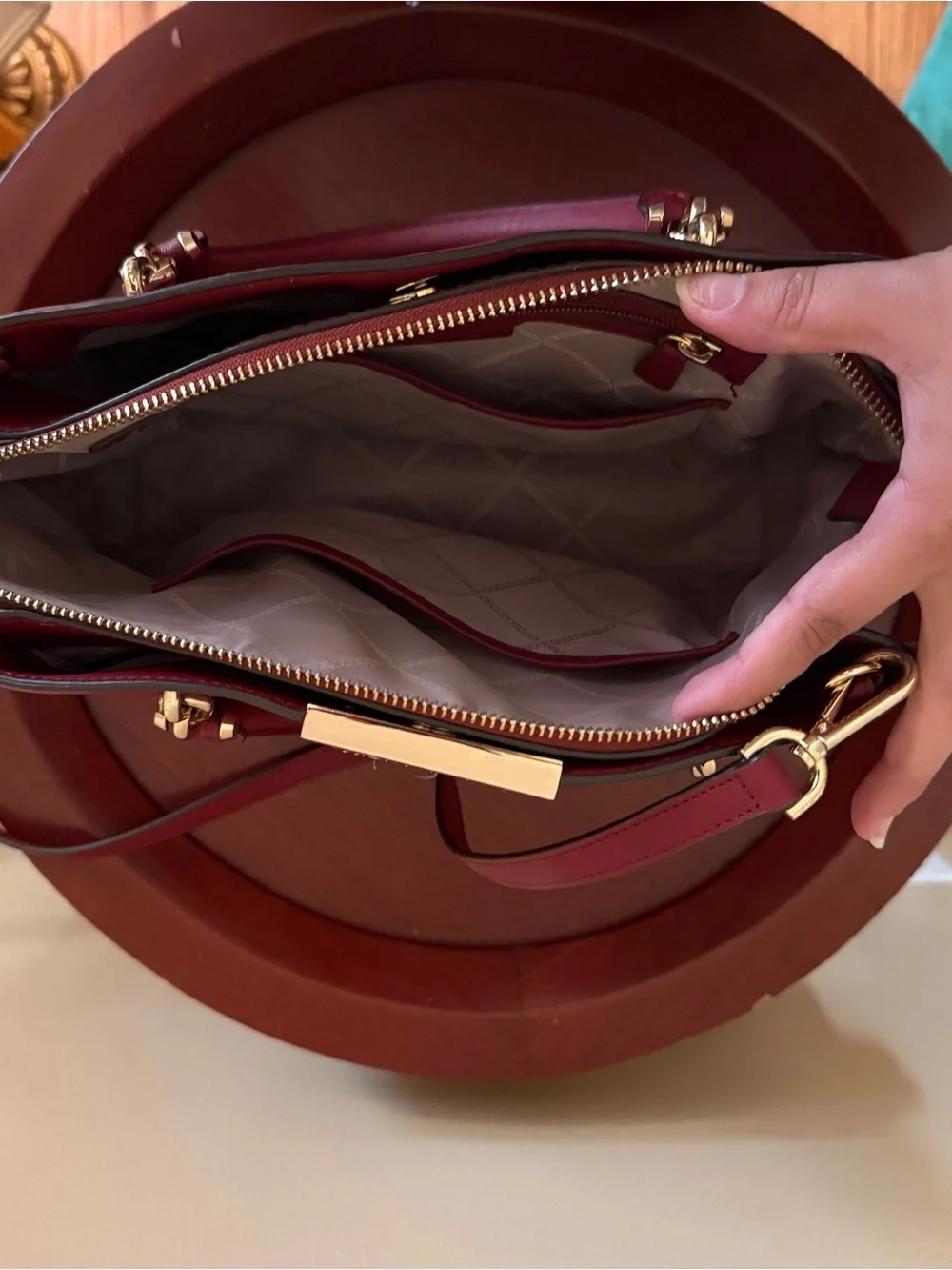Michael Kors Burgundy Saffiano Leather Satchel with Gold Hardware
